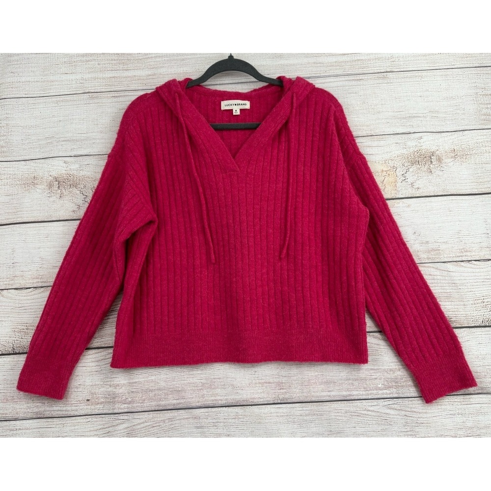 Lucky Brand Hoodie Sweater Womens Medium Pink Ribbed V-Neck Pullover